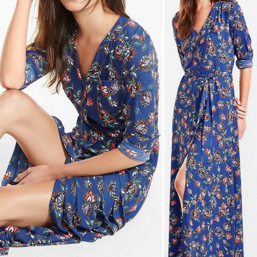 Express Navy Blue Floral Print Button-Down Maxi Dress Convertible Long Sleeve